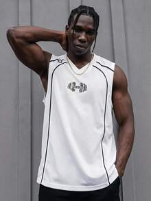 Sport MetroGents Men's Barbell Print Casual Fitness Sports Tank Top - White - View 1