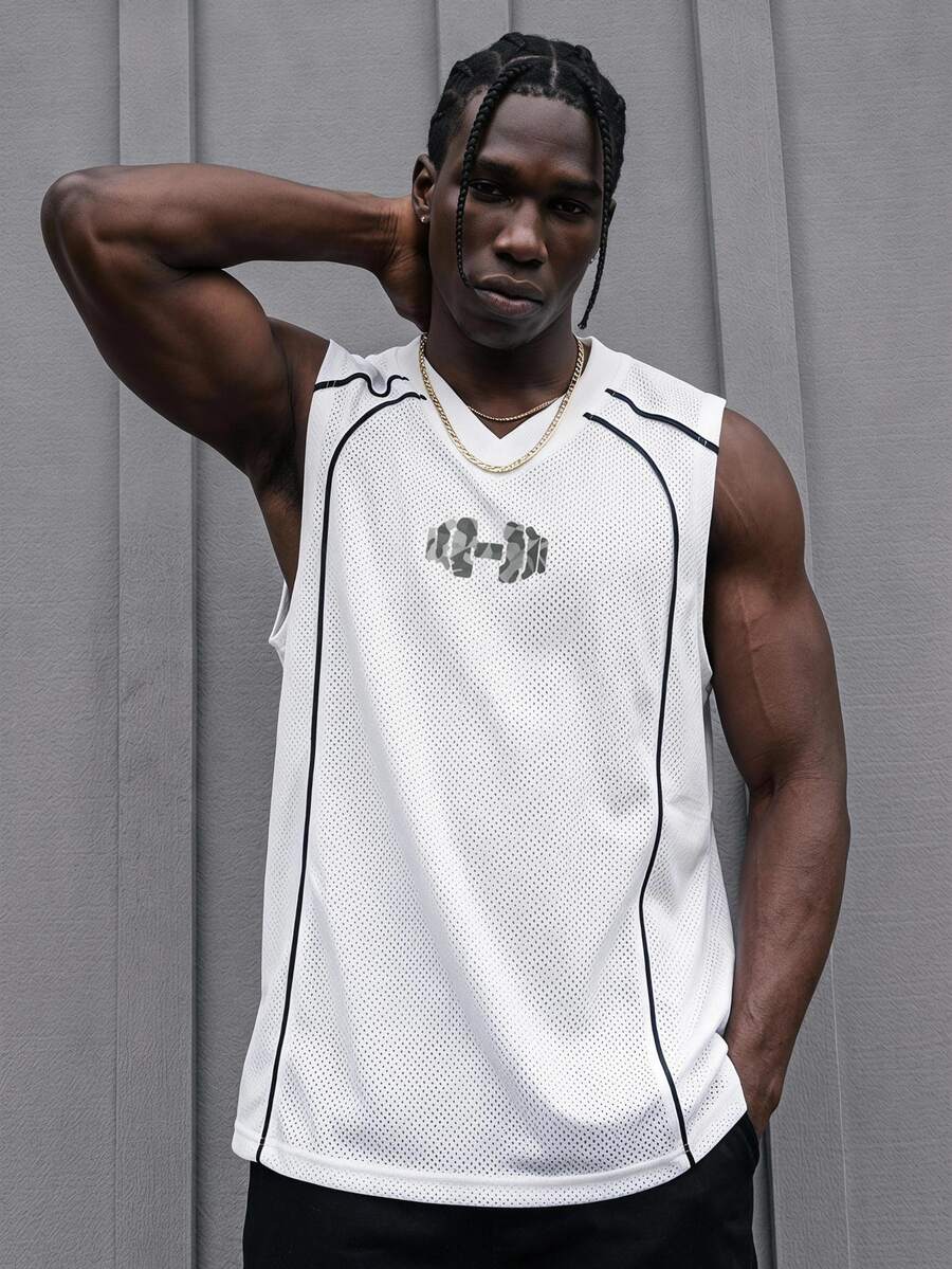 Sport MetroGents Men's Barbell Print Casual Fitness Sports Tank Top - White - View 1
