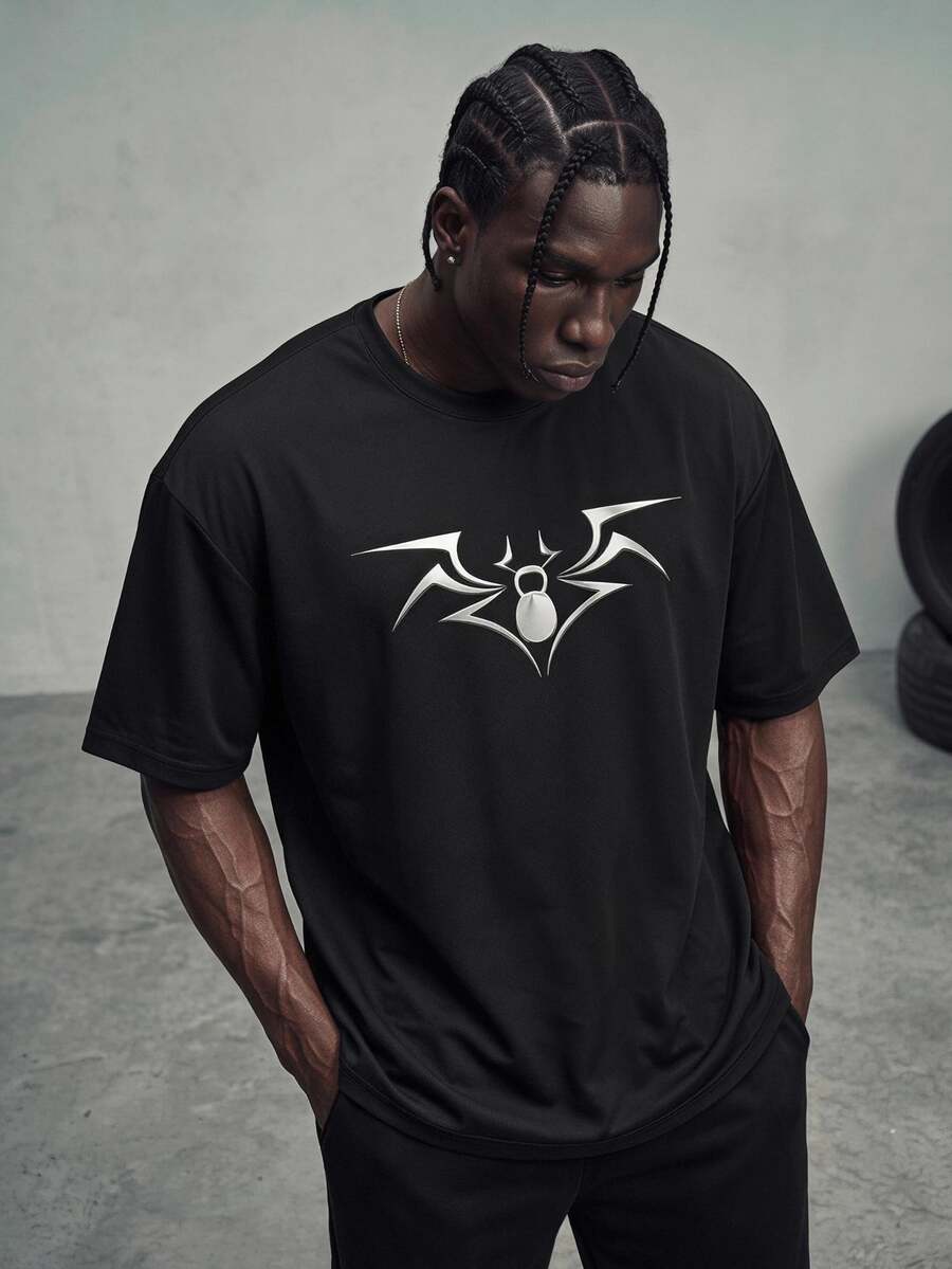 Sport MetroGents Men's Black Round Neck Spider Pattern Short Sleeve Sports T-Shirt - Black - View 1