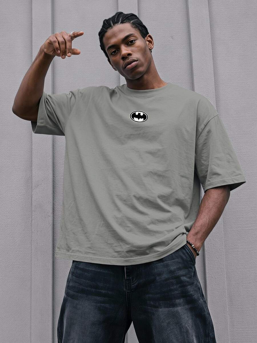 BATMAN X SHEIN Men's Cartoon Print Crew Neck Short Sleeve Sports T-Shirt - Light Grey - View 1
