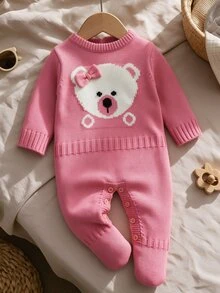SHEIN Vintaside Kids 1件粉色蝴蝶結小熊提花針織女嬰連身衣，圓領長袖毛衣連身褲，褲襠按扣方便換尿布，可愛卡通嬰兒針織連身衣，適合新生女嬰滿月拍照、日常穿著、旅行度假風格 - 粉色 - 查看 3