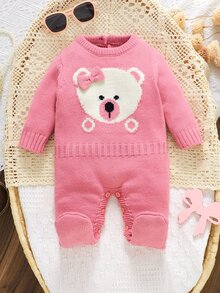 SHEIN Vintaside Kids 1件粉色蝴蝶結小熊提花針織女嬰連身衣，圓領長袖毛衣連身褲，褲襠按扣方便換尿布，可愛卡通嬰兒針織連身衣，適合新生女嬰滿月拍照、日常穿著、旅行度假風格 - 粉色 - 查看 4
