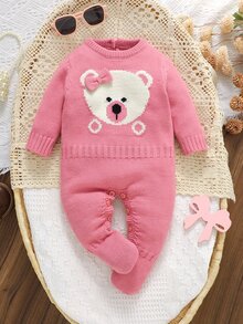 SHEIN Vintaside Kids 1件粉色蝴蝶結小熊提花針織女嬰連身衣，圓領長袖毛衣連身褲，褲襠按扣方便換尿布，可愛卡通嬰兒針織連身衣，適合新生女嬰滿月拍照、日常穿著、旅行度假風格 - 粉色 - 查看 7