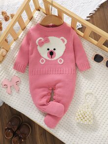 SHEIN Vintaside Kids 1件粉色蝴蝶結小熊提花針織女嬰連身衣，圓領長袖毛衣連身褲，褲襠按扣方便換尿布，可愛卡通嬰兒針織連身衣，適合新生女嬰滿月拍照、日常穿著、旅行度假風格 - 粉色 - 查看 5