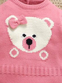 SHEIN Vintaside Kids 1件粉色蝴蝶結小熊提花針織女嬰連身衣，圓領長袖毛衣連身褲，褲襠按扣方便換尿布，可愛卡通嬰兒針織連身衣，適合新生女嬰滿月拍照、日常穿著、旅行度假風格 - 粉色 - 查看 6
