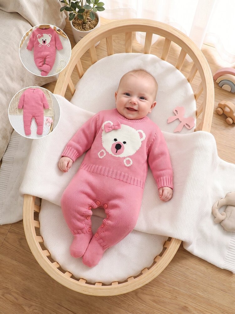 SHEIN Vintaside Kids 1pc Pink Bow Bear Jacquard Knit Baby Girl Footed, Round Neck Long Sleeve Sweater Jumpsuit, Snap Crotch For Easy Diaper Change, Cute Cartoon Baby Footed Knit Jumpsuit, Suitable For Newborn Baby Girl Full Month Photo Shoot, Daily Wear, Travel, Vacation, Style - Pink - View 8
