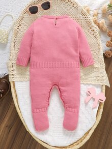 SHEIN Vintaside Kids 1件粉色蝴蝶結小熊提花針織女嬰連身衣，圓領長袖毛衣連身褲，褲襠按扣方便換尿布，可愛卡通嬰兒針織連身衣，適合新生女嬰滿月拍照、日常穿著、旅行度假風格 - 粉色 - 查看 2