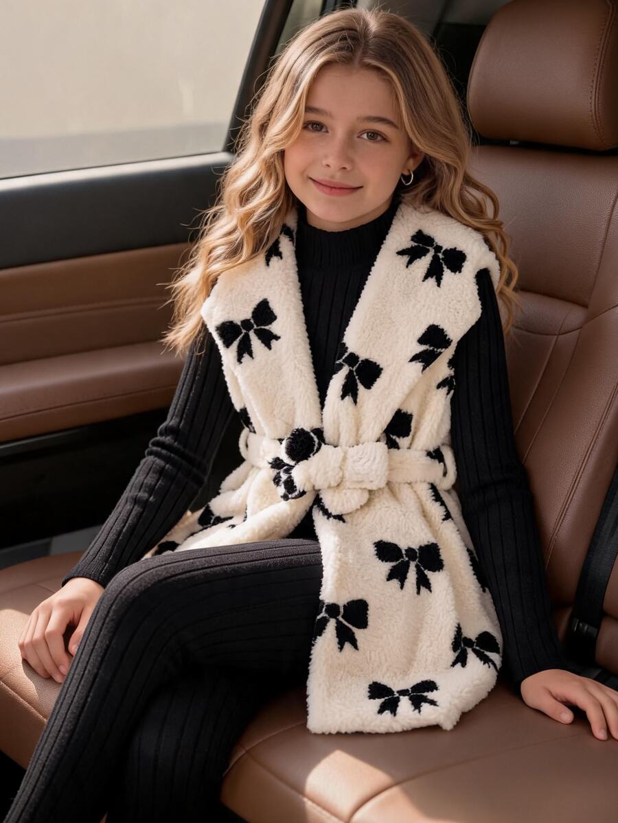 Tween Girls Cute Bowknot Print Belted Fuzzy Plush Vest Ribbed Top Leggings Fall Winter 3pcs Set Family School Off-White Black Cute Winter Matching - Black - View 1