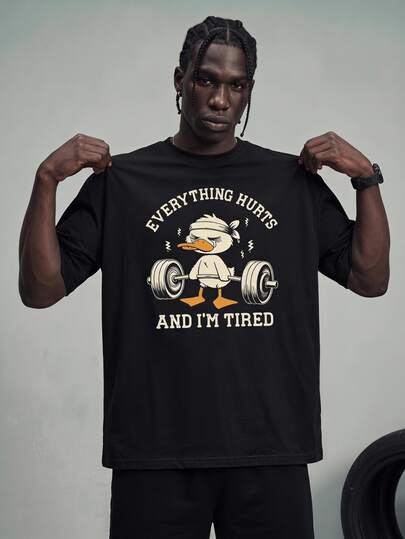 Sport MetroGents Men's Plus Size Letter Cartoon Graphic Print Crew Neck Short Sleeve Sports Alternative Baggy T-Shirt Gym Soccer Black Summer