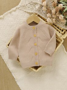 SHEIN 1pc Baby Boy Raglan Cable Knit Cover Up, Solid Color Single-Breasted Argyle Cable Open Front Sweater, Infant Minimalist Long Sleeve Cover-Up, Soft Comfortable Outerwear Top For Spring Autumn Winter, Versatile Casual Cover Up - Apricot - View 4