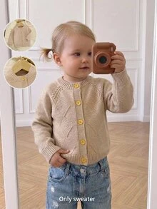 SHEIN 1pc Baby Boy Raglan Cable Knit Cover Up, Solid Color Single-Breasted Argyle Cable Open Front Sweater, Infant Minimalist Long Sleeve Cover-Up, Soft Comfortable Outerwear Top For Spring Autumn Winter, Versatile Casual Cover Up - Apricot - View 7