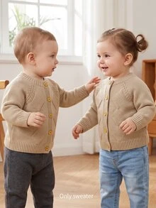 SHEIN 1pc Baby Boy Raglan Cable Knit Cover Up, Solid Color Single-Breasted Argyle Cable Open Front Sweater, Infant Minimalist Long Sleeve Cover-Up, Soft Comfortable Outerwear Top For Spring Autumn Winter, Versatile Casual Cover Up - Apricot - View 8