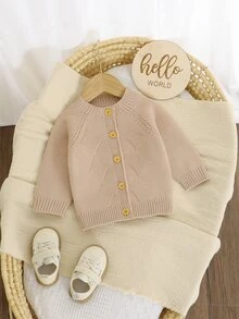 SHEIN 1pc Baby Boy Raglan Cable Knit Cover Up, Solid Color Single-Breasted Argyle Cable Open Front Sweater, Infant Minimalist Long Sleeve Cover-Up, Soft Comfortable Outerwear Top For Spring Autumn Winter, Versatile Casual Cover Up - Apricot - View 5