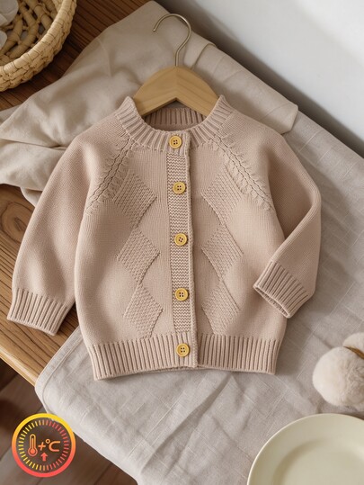 SHEIN 1pc Baby Boy Raglan Cable Knit Cover Up, Solid Color Single-Breasted Argyle Cable Open Front Sweater, Infant Minimalist Long Sleeve Cover-Up, Soft Comfortable Outerwear Top For Spring Autumn Winter, Versatile Casual Cover Up