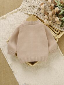 SHEIN 1pc Baby Boy Raglan Cable Knit Cover Up, Solid Color Single-Breasted Argyle Cable Open Front Sweater, Infant Minimalist Long Sleeve Cover-Up, Soft Comfortable Outerwear Top For Spring Autumn Winter, Versatile Casual Cover Up - Apricot - View 2