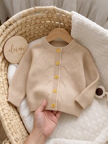 SHEIN 1pc Baby Boy Raglan Cable Knit Cover Up, Solid Color Single-Breasted Argyle Cable Open Front Sweater, Infant Minimalist Long Sleeve Cover-Up, Soft Comfortable Outerwear Top For Spring Autumn Winter, Versatile Casual Cover Up - Apricot - View 3