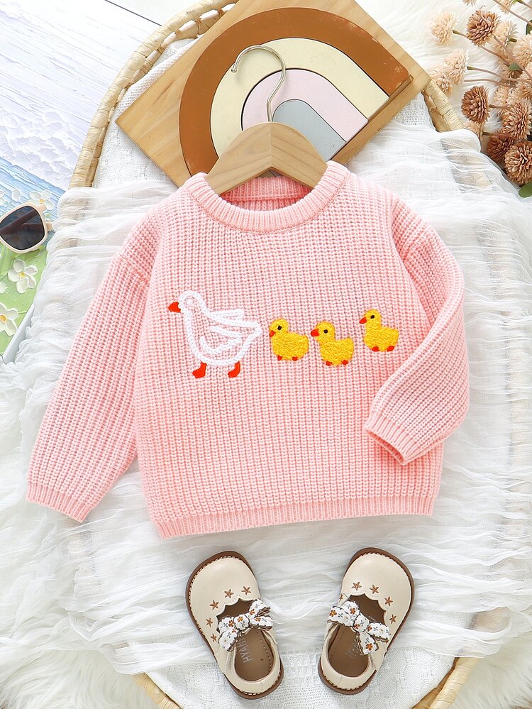 SHEIN Baby Girl's Light Pink Round-Neck Pullover Knitted Long-Sleeved Sweater With Embroidered White Goose And Yellow Duck Patterns Family Birthday Autumn - Pink - View 8