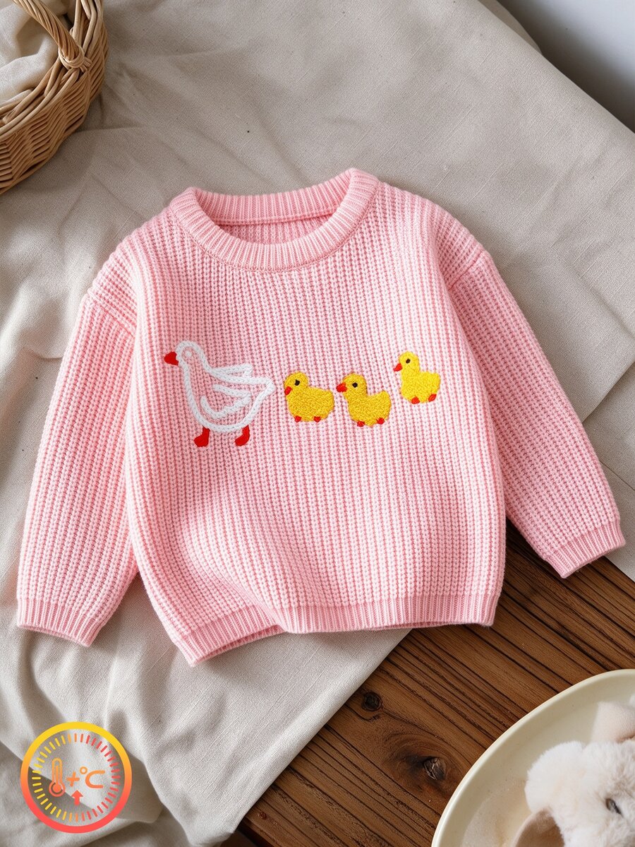 SHEIN 女嬰淺粉色圓領針織長袖套頭毛衣,刺繡白色鵝與黃色鴨子圖案,家庭生日秋季款 - 粉色 - 查看 1