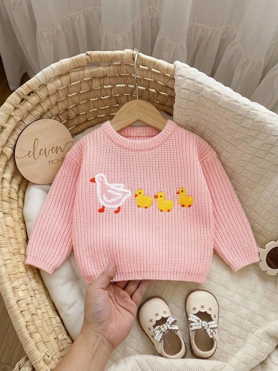 SHEIN Baby Girl's Light Pink Round-Neck Pullover Knitted Long-Sleeved Sweater With Embroidered White Goose And Yellow Duck Patterns Family Birthday Autumn - Pink - View 1