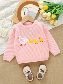 SHEIN 女嬰淺粉色圓領針織長袖套頭毛衣，刺繡白色鵝與黃色鴨子圖案，家庭生日秋季款 - 粉色 - 查看 5