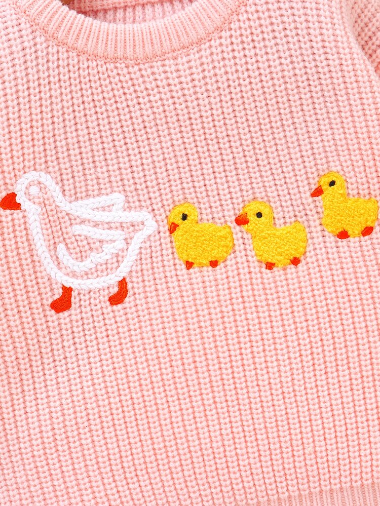 SHEIN Baby Girl's Light Pink Round-Neck Pullover Knitted Long-Sleeved Sweater With Embroidered White Goose And Yellow Duck Patterns Family Birthday Autumn - Pink - View 6