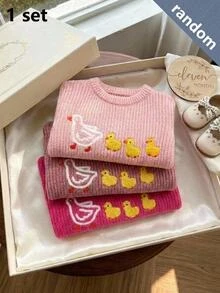 SHEIN 女嬰淺粉色圓領針織長袖套頭毛衣，刺繡白色鵝與黃色鴨子圖案，家庭生日秋季款 - 粉色 - 查看 3