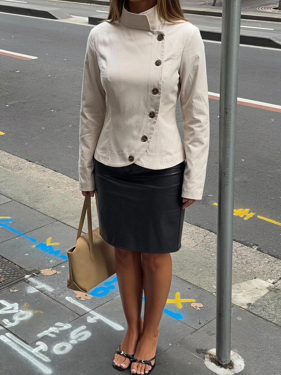 Siren Gaze Fall Winter French Style Stand Collar Double-Breasted Brown Button Cropped Blazer Jacket Premium Commuter Slimming Jacket Top Petite Y2k Funnel Street - Apricot - View 1