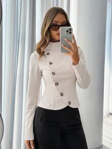 Siren Gaze Fall Winter French Style Stand Collar Double-Breasted Brown Button Cropped Blazer Jacket Premium Commuter Slimming Jacket Top Petite Y2k Funnel Street - Apricot - View 3