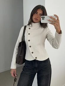 Siren Gaze Fall Winter French Style Stand Collar Double-Breasted Brown Button Cropped Blazer Jacket Premium Commuter Slimming Jacket Top Petite Y2k Funnel Street - Apricot - View 8