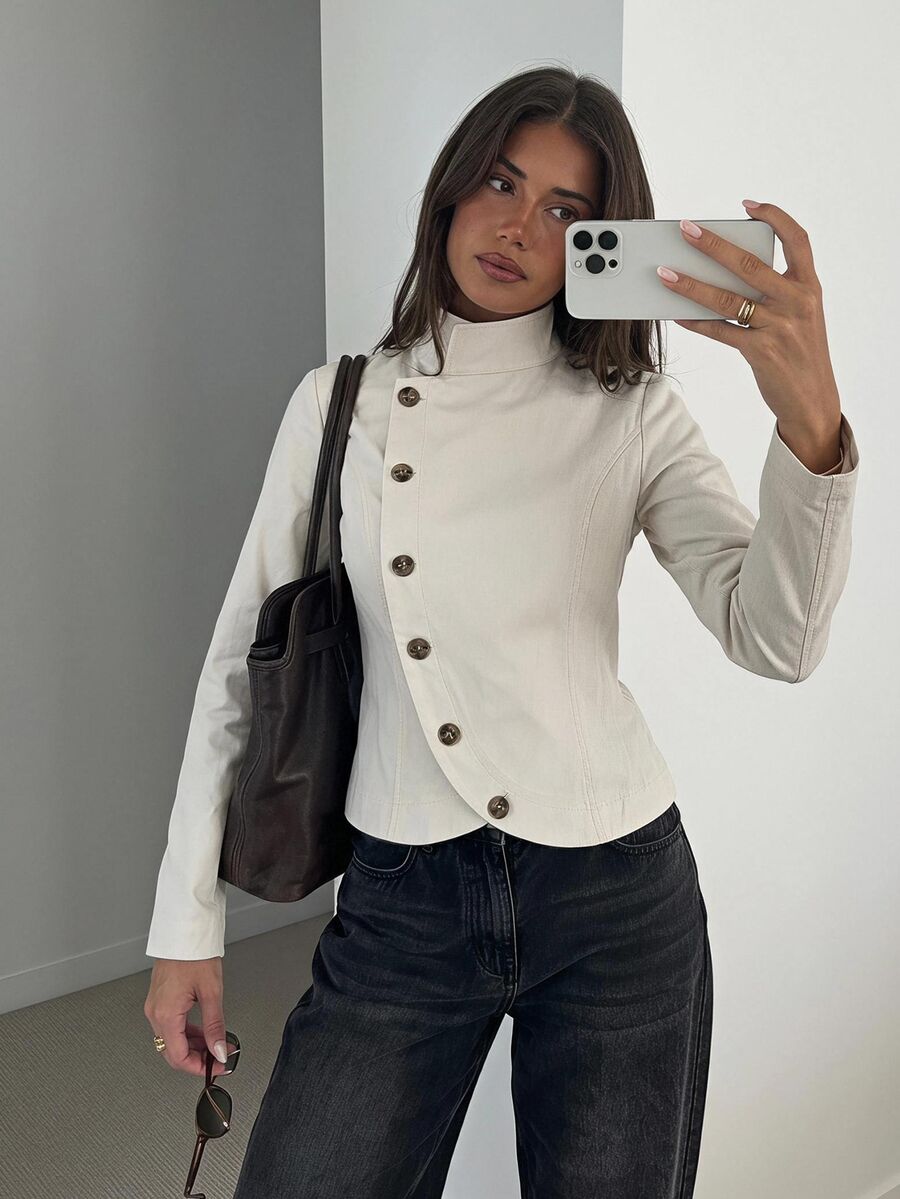 Siren Gaze Fall Winter French Style Stand Collar Double-Breasted Brown Button Cropped Blazer Jacket Premium Commuter Slimming Jacket Top Petite Y2k Funnel Street - Apricot - View 1