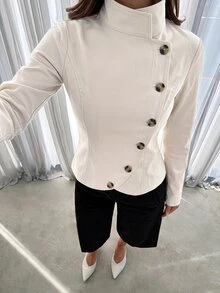 Siren Gaze Fall Winter French Style Stand Collar Double-Breasted Brown Button Cropped Blazer Jacket Premium Commuter Slimming Jacket Top Petite Y2k Funnel Street - Apricot - View 7