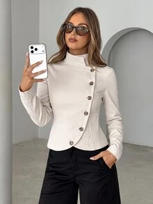 Siren Gaze Fall Winter French Style Stand Collar Double-Breasted Brown Button Cropped Blazer Jacket Premium Commuter Slimming Jacket Top Petite Y2k Funnel Street - Apricot - View 4