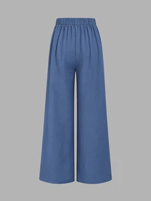 Elenzga Apricot Linen High Waist Wide Leg Pants Women Summer Design Flared Slimming Elegant Commute Casual Long Pants - Dusty Blue - View 7