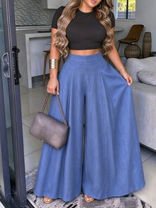 Elenzga Apricot Linen High Waist Wide Leg Pants Women Summer Design Flared Slimming Elegant Commute Casual Long Pants - Dusty Blue - View 1
