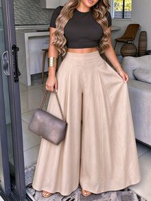 Elenzga petite Apricot Linen High Waist Wide Leg Pants Women Summer Design Flared Slimming Elegant Casual Long Pants - Apricot - View 1