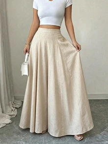 Elenzga petite Apricot Linen High Waist Wide Leg Pants Women Summer Design Flared Slimming Elegant Casual Long Pants - Apricot - View 3