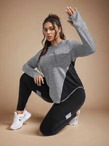 SHEIN Sports Women's Plus Size Loose Color Blocking Drawstring Hoodie & Tight Breathable Sports Leggings Set Fit Set Workout Women Set Fall - Grey - View 2