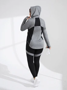 SHEIN Sports Women's Plus Size Loose Color Blocking Drawstring Hoodie & Tight Breathable Sports Leggings Set Fit Set Workout Women Set Fall - Grey - View 3