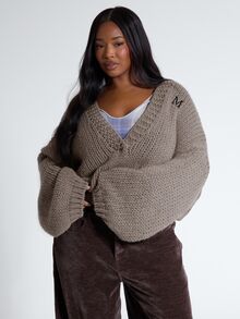 MUSERA Plus Size Brown Knit Plunge Neck Graphic Jumper Sweater Fall Autumn Winter Women Outfit Day Outfit Casual - Grey - View 1