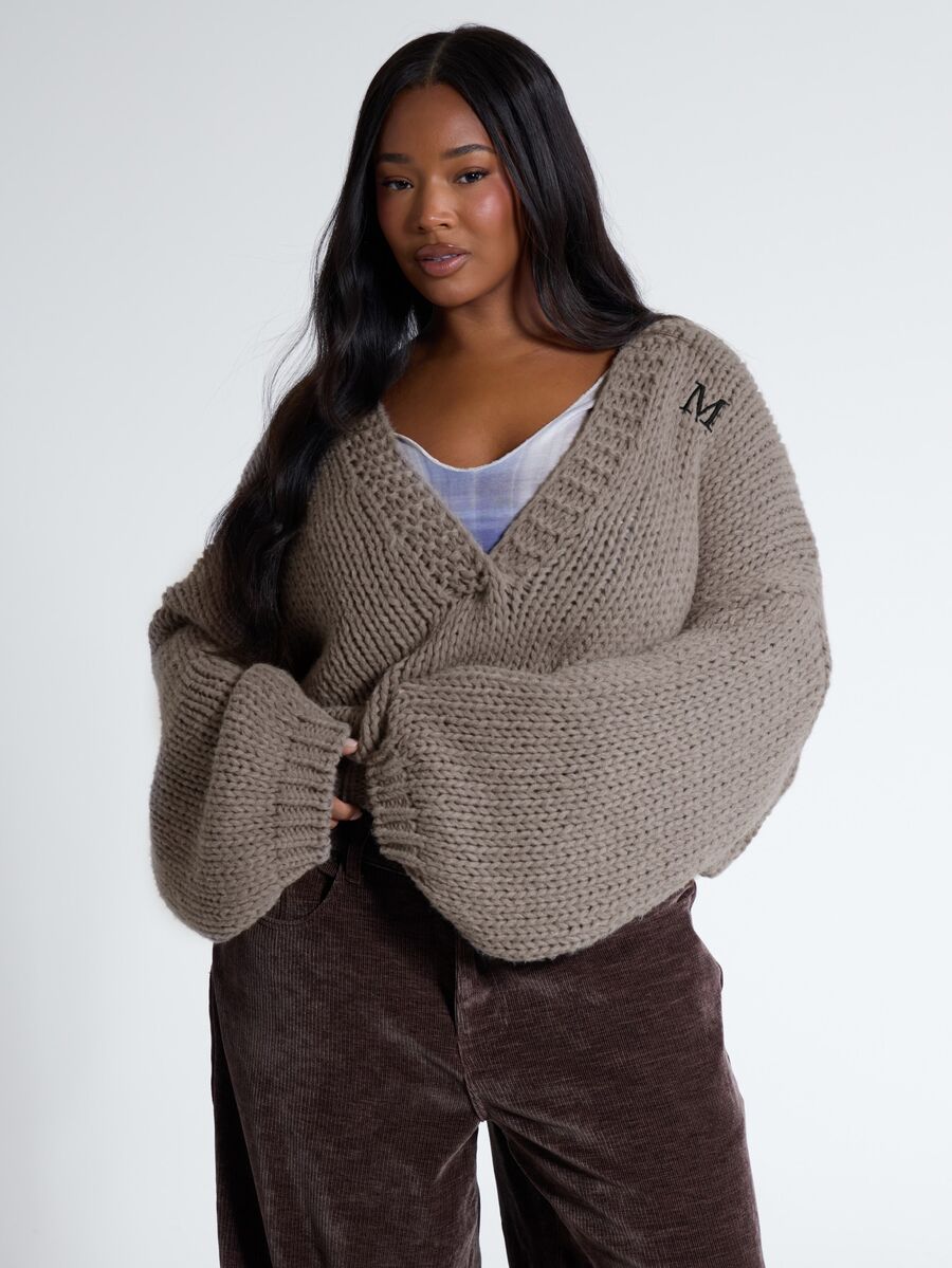 MUSERA Plus Size Brown Knit Plunge Neck Graphic Jumper Sweater Fall Autumn Winter Women Outfit Day Outfit Casual - Grey - View 1