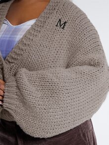 MUSERA Plus Size Brown Knit Plunge Neck Graphic Jumper Sweater Fall Autumn Winter Women Outfit Day Outfit Casual - Grey - View 5