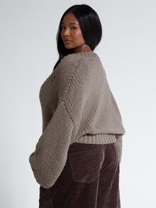 MUSERA Plus Size Brown Knit Plunge Neck Graphic Jumper Sweater Fall Autumn Winter Women Outfit Day Outfit Casual - Grey - View 3