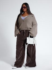 MUSERA Plus Size Brown Knit Plunge Neck Graphic Jumper Sweater Fall Autumn Winter Women Outfit Day Outfit Casual - Grey - View 4
