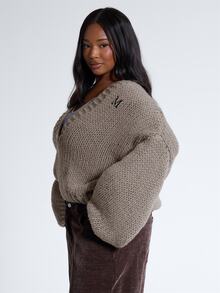 MUSERA Plus Size Brown Knit Plunge Neck Graphic Jumper Sweater Fall Autumn Winter Women Outfit Day Outfit Casual - Grey - View 2