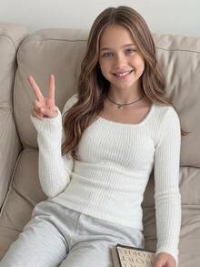 SHEIN 青少年女孩純色極簡時尚休閒百搭針織方領長袖T恤 - 白色 - 查看 3