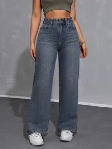 SHEIN CURVE+ Y2K Plus Size Vintage Washed Blue Wide Leg Jeans, High Waist Loose Streetwear Style, Suitable For Curvy Women - Dark Wash - View 5