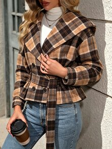 SHEIN Autumn/Winter Atmosphere Plaid Overcoat, Large Lapel Hooded Double-Breasted Belted Short Wool Jacket Office Brown Plaid Elegant French Thanksgiving - Brown - View 6