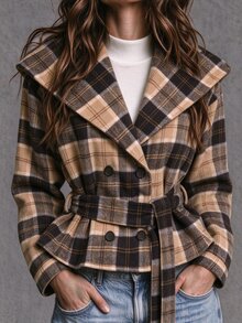 SHEIN Autumn/Winter Atmosphere Plaid Overcoat, Large Lapel Hooded Double-Breasted Belted Short Wool Jacket Office Brown Plaid Elegant French Thanksgiving - Brown - View 1