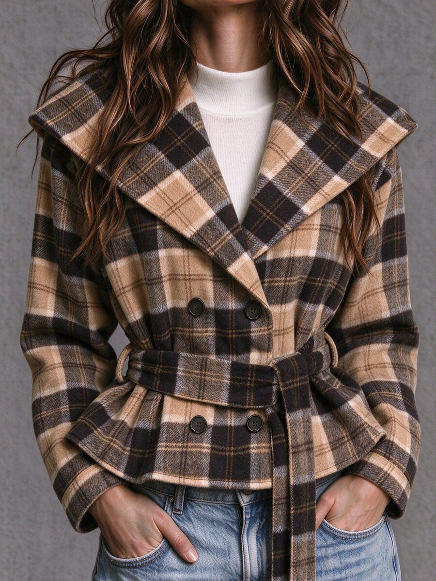 SHEIN Autumn/Winter Atmosphere Plaid Overcoat, Large Lapel Hooded Double-Breasted Belted Short Wool Jacket Office Brown Plaid Elegant French Thanksgiving - Brown - View 1
