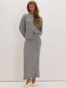 MUSEYN Grey Knit Asymmetric Button Sweater Everyday Casual Chic Date Night New Season Cosy Elegant - Grey - View 2
